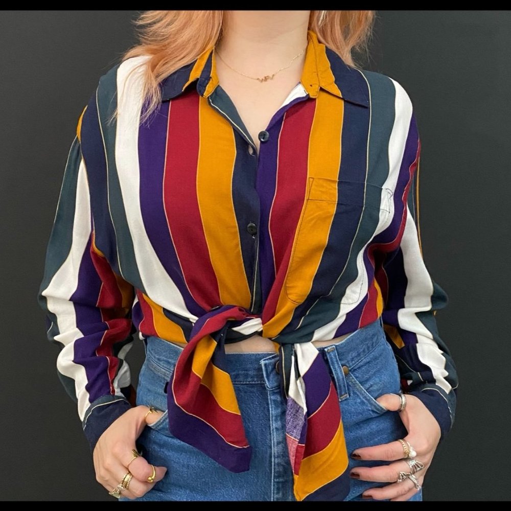 90s Color Block Striped Long Sleeve Button Down Shirt